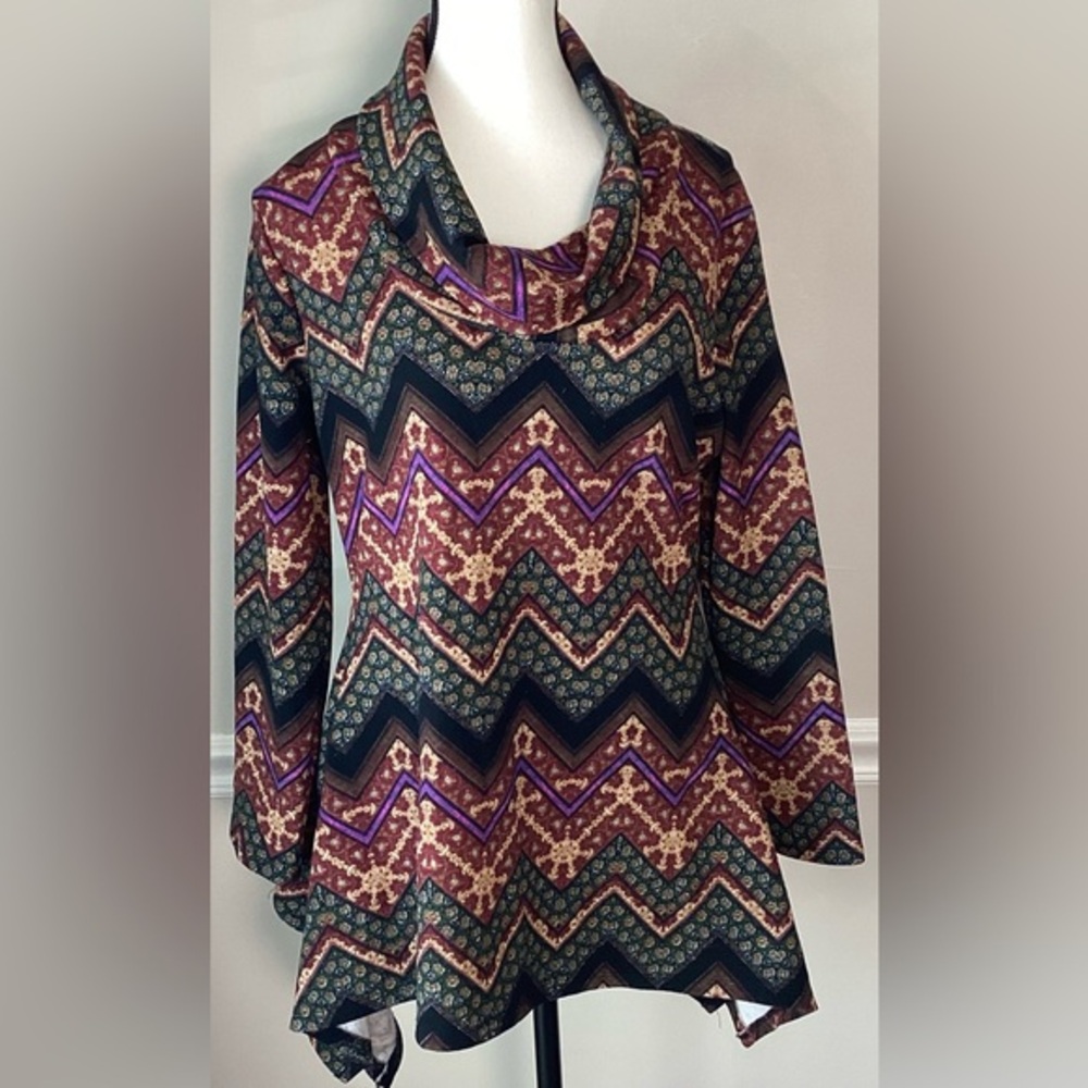 Boho Chevron Zigzag Tunic Medium Cowl Neck Asymmetrical Earthy Top Robert Louis